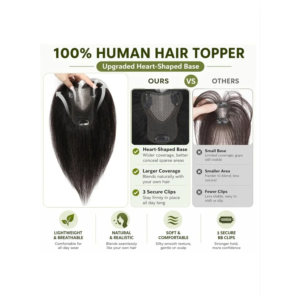 OOPPOO Black Human Hair Topper 360 3D Cover Side Bangs Thinning Crown Hairpiece
